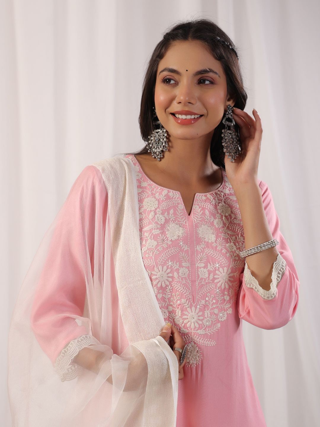KALINI Floral Embroidered Regular Thread Work Kurta with Trousers & With Dupatta, Pink