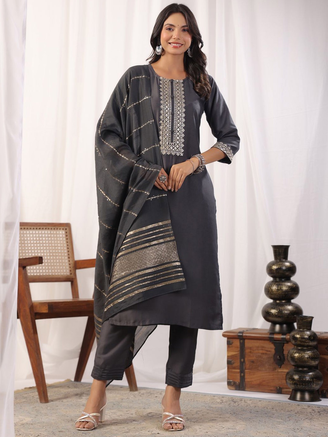 

KALINI Geometric Sequinned Embroidered Regular Kurta With Trousers & Dupatta, Grey