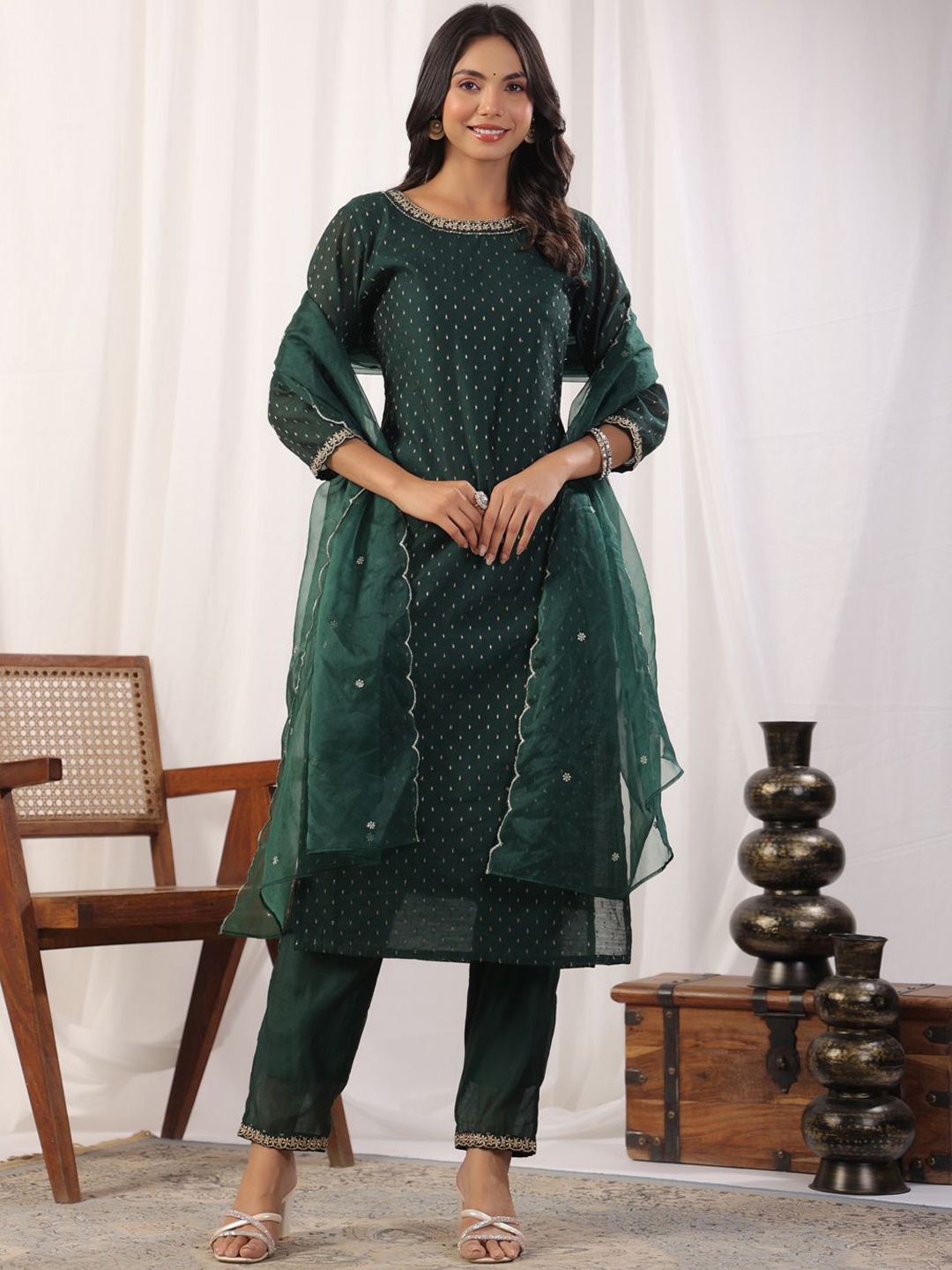 

KALINI Woven Design Embroidered Regular Sequinned Straight Kurta With Trousers & Dupatta, Green