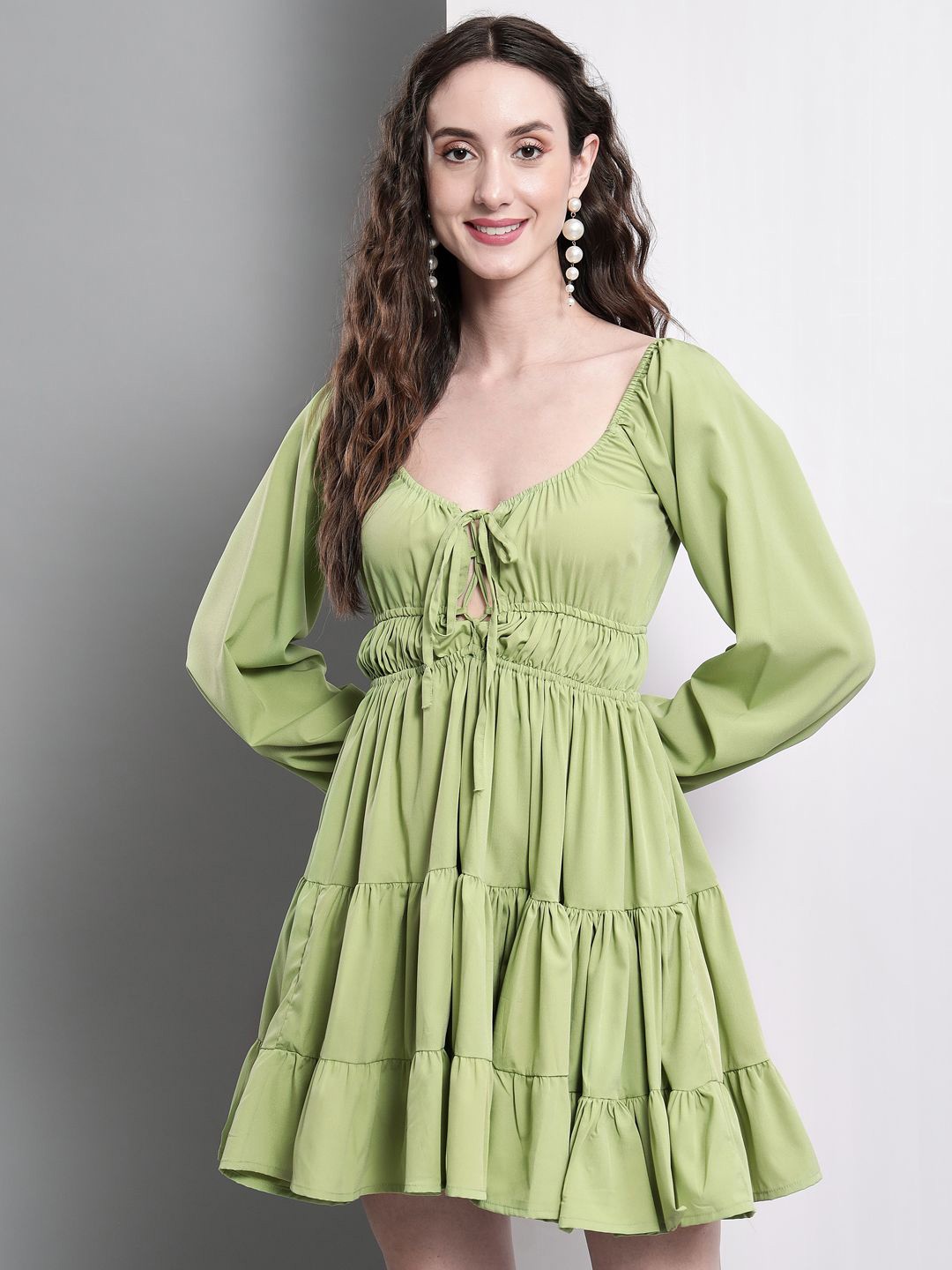 

TANDUL Women Tie-Up Neck Puff Sleeves Jacquard Fit & Flare Dress, Green