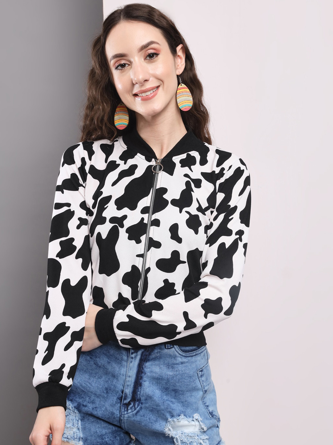 

TANDUL Abstract Printed Stand Collar Lightweight Bomber Jacket, Black