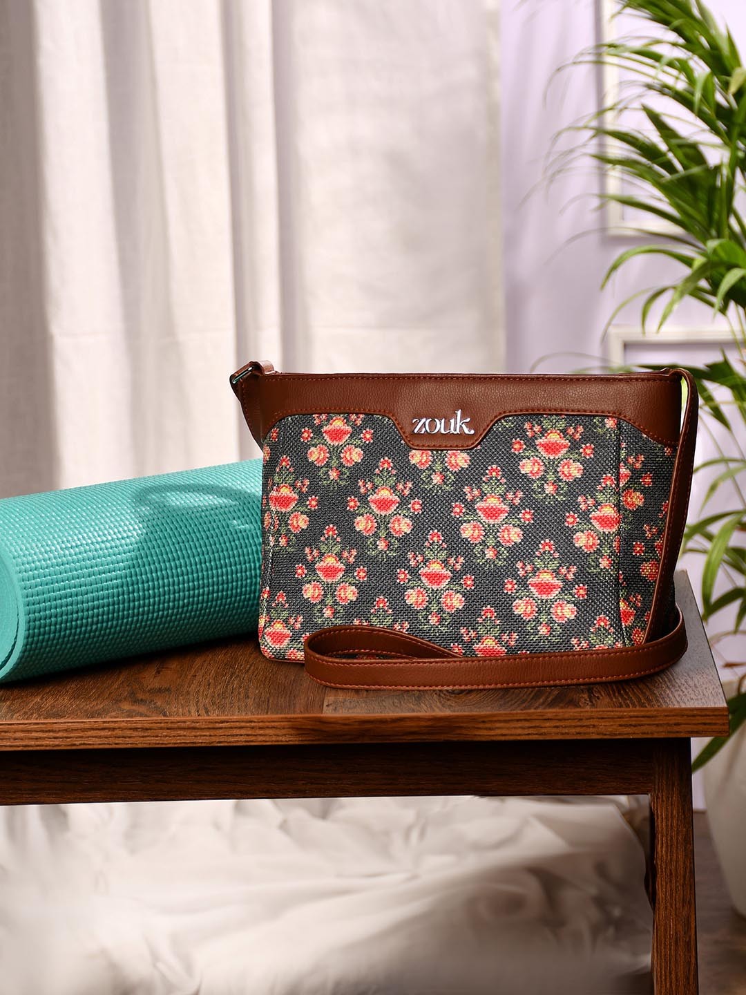 

ZOUK Mughal Garden Floral Printed Structured Sling Bag, Blue