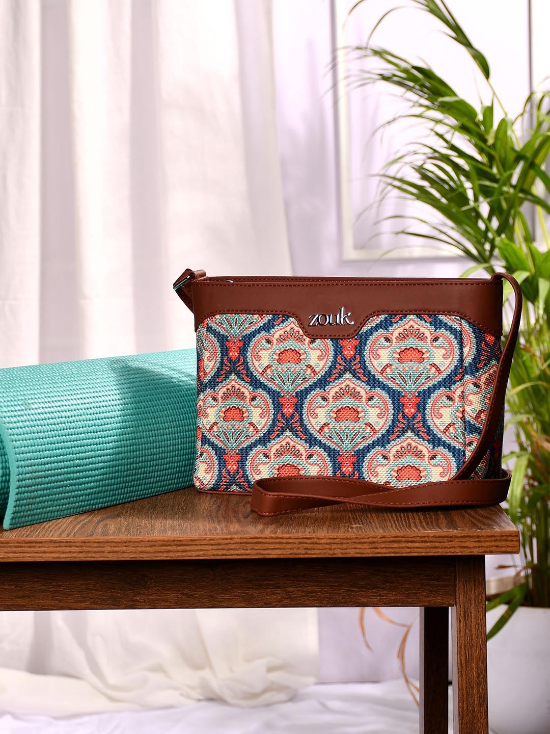 

ZOUK Kovil Paisley Printed Structured Sling Bag, Blue