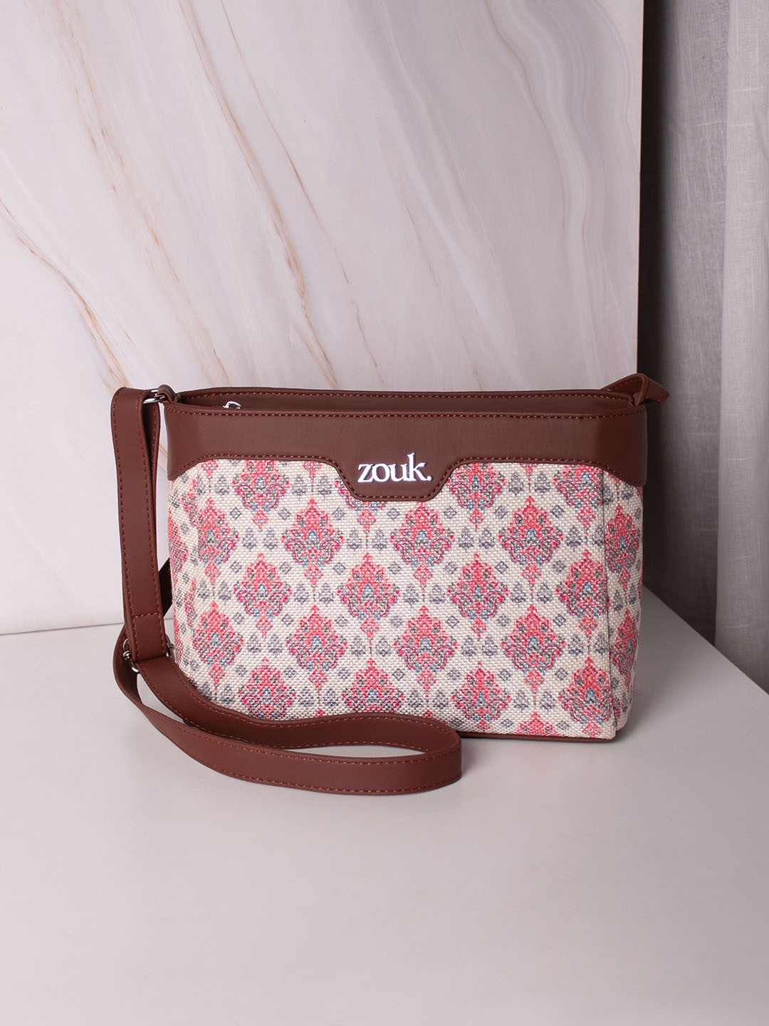 

ZOUK Floral Printed Structured Sling Bag, White