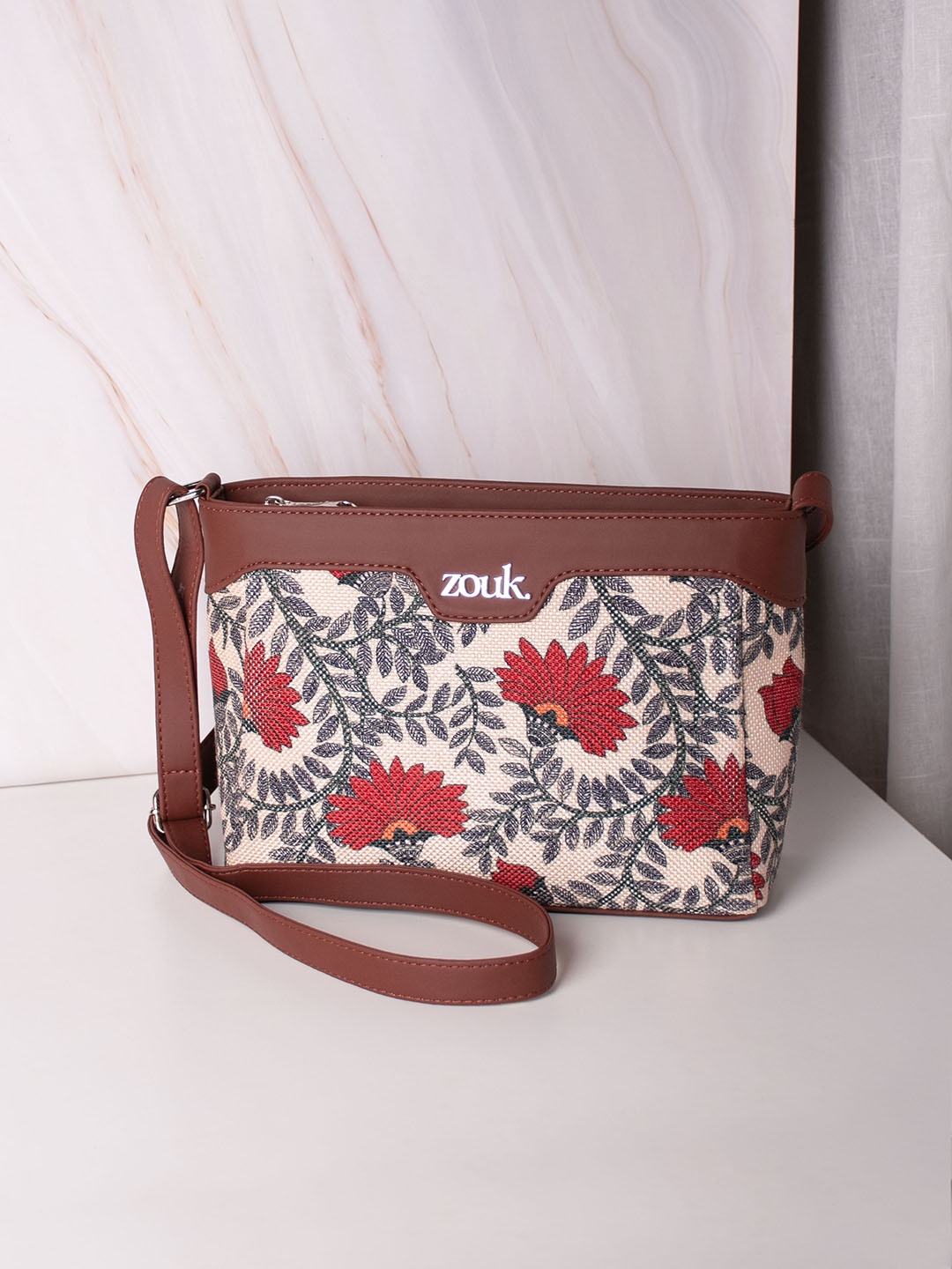 

ZOUK Nawabi Couture Harmony Floral Printed Structured Sling Bag, Beige