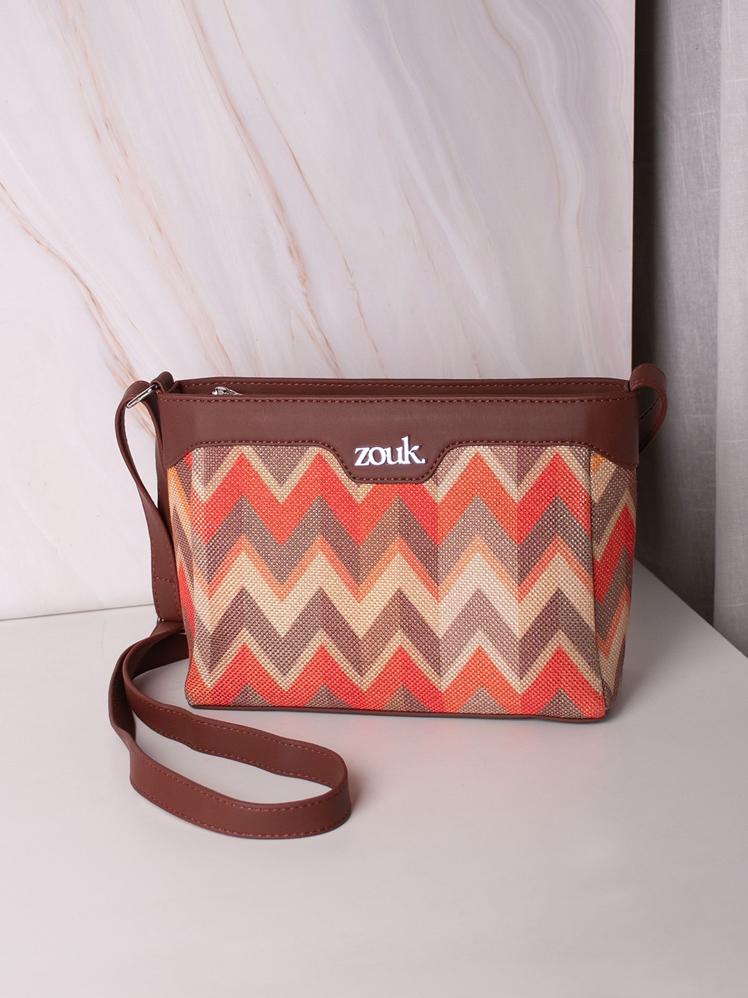 ZOUK Tidal Wave Harmony Chevron Printed Structured Sling Bag, Orange