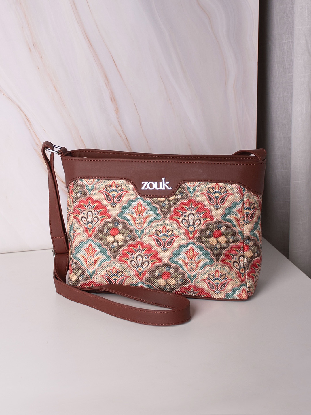 

ZOUK Floral Printed Structured Sling Bag, Brown