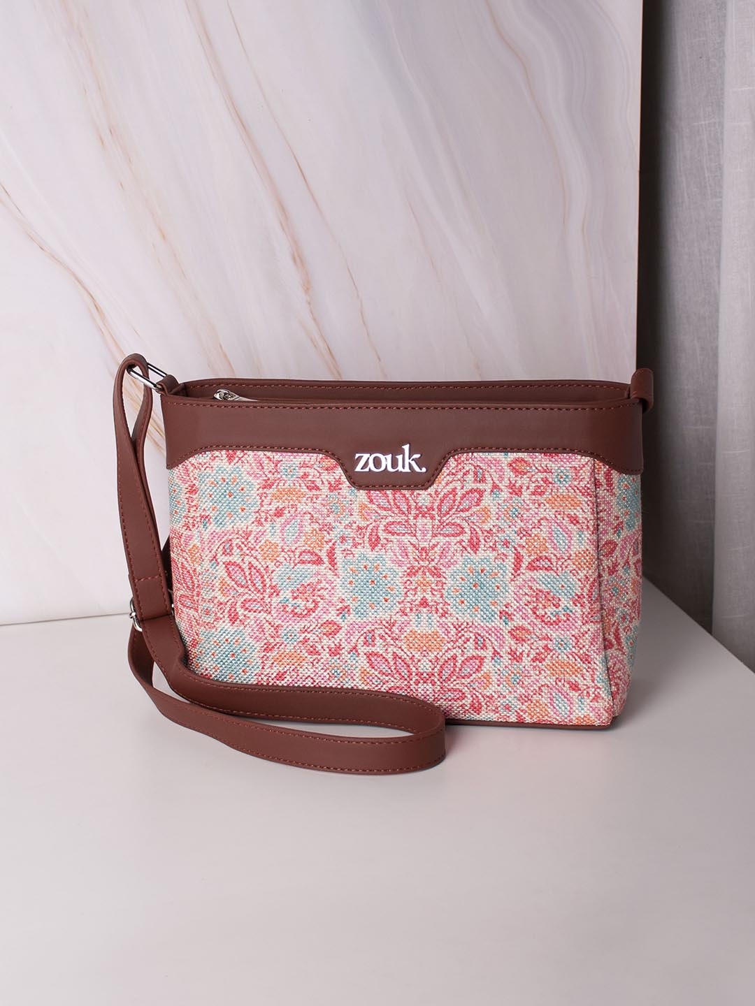 

ZOUK Mangalore Blossoms Harmony Floral Printed Vegan Leather Structured Sling Bag, Pink