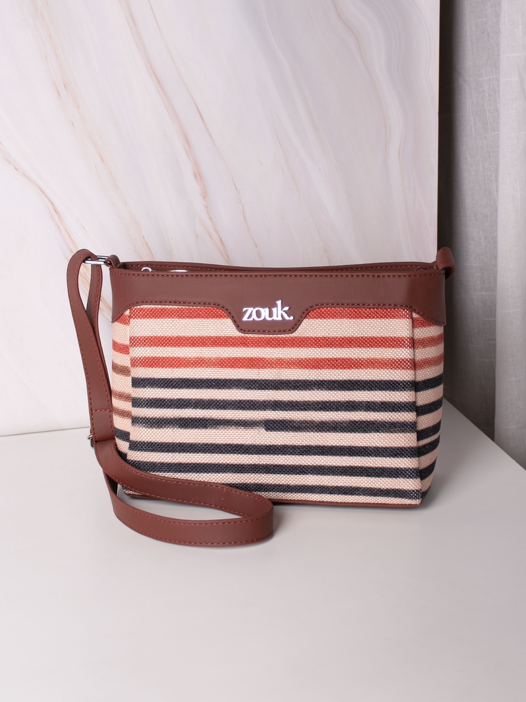 

ZOUK Striped Structured Sling Bag, Blue