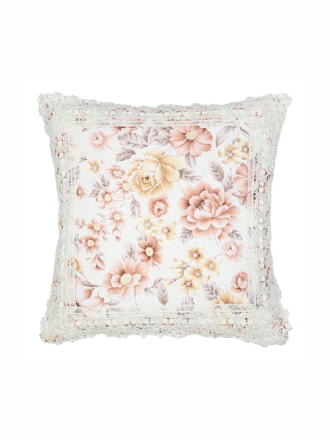 

MONKDECOR Peach-Coloured & White Floral Jute Cotton Square Cushion Covers