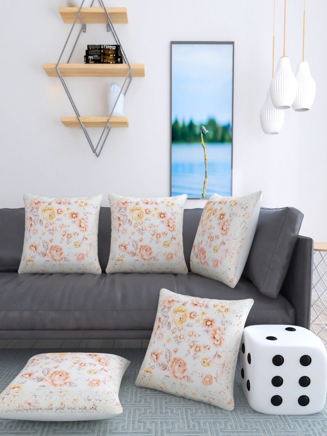 

MONKDECOR Peach-Coloured & White 5 Pieces Floral Jute Cotton Square Cushion Covers