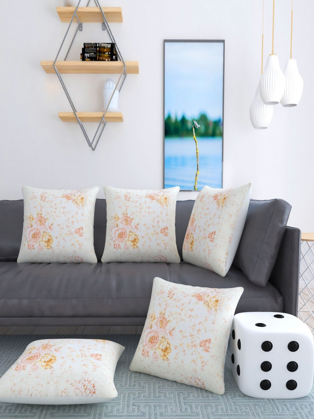 

MONKDECOR Peach-Coloured & White 5 Pieces Floral Jute Cotton Square Cushion Covers