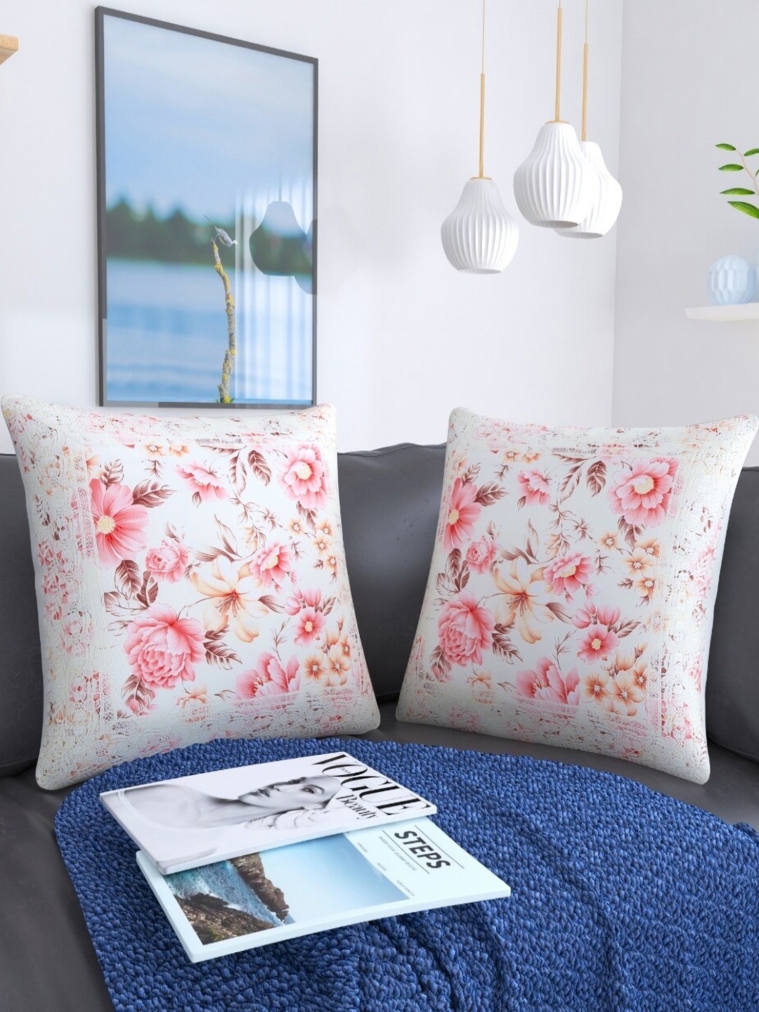 MONKDECOR Pink & White 2 Pieces Floral Jute Cotton Square Cushion Covers