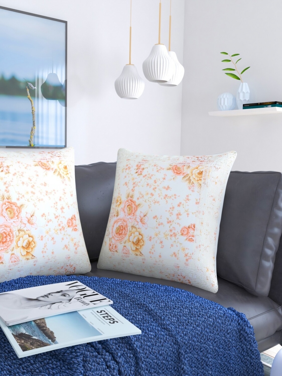 

MONKDECOR Peach-Coloured & White 2 Pieces Floral Square Cushion Covers