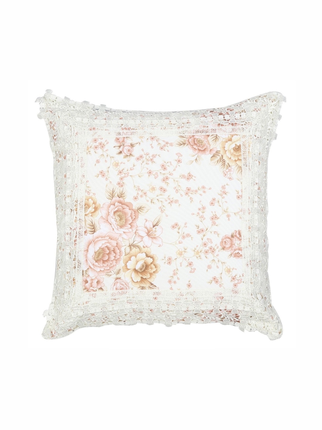 

MONKDECOR Peach & White Floral Printed Lace Border Square Cushion Cover