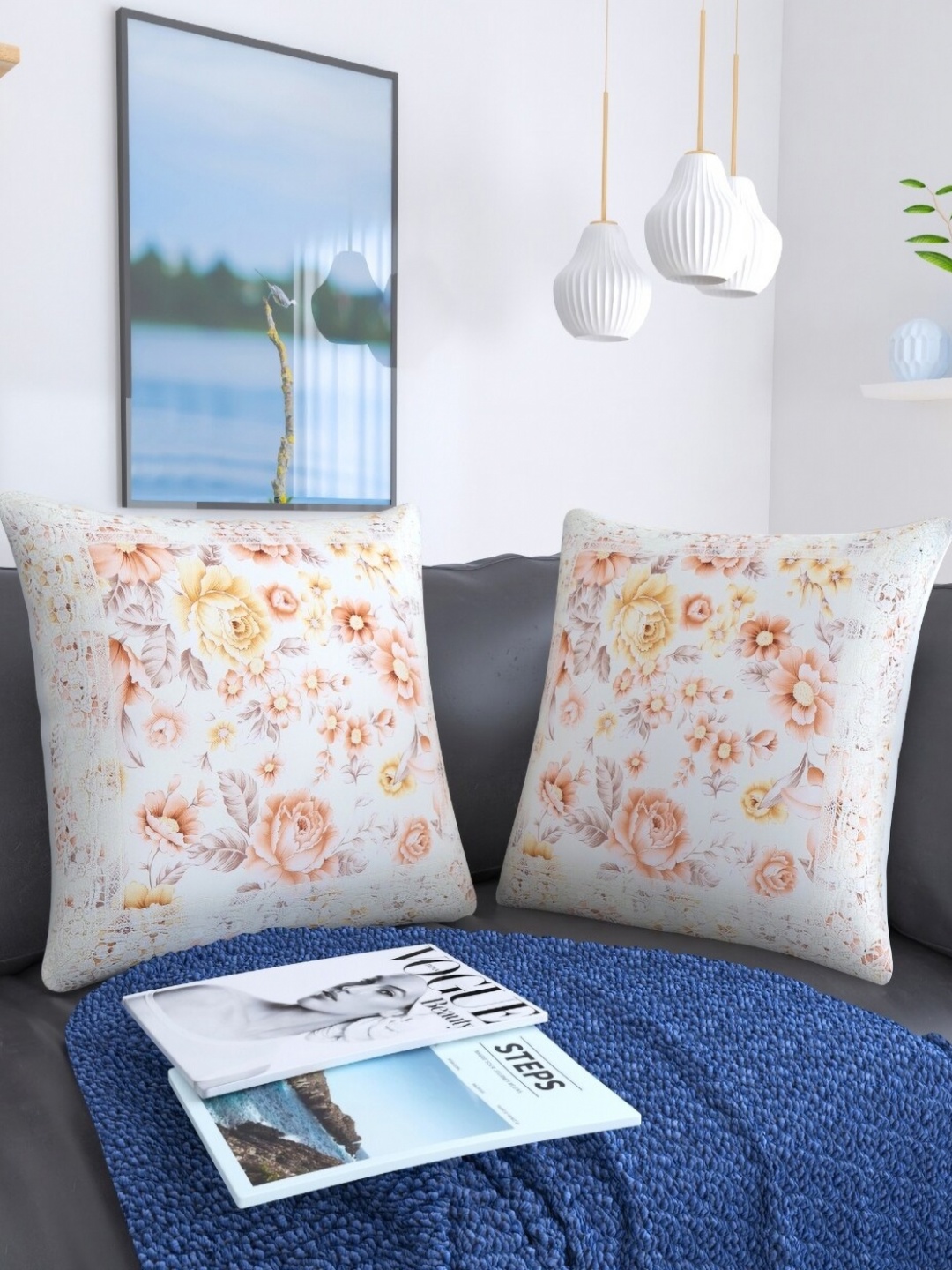 

MONKDECOR Peach-Coloured & White 2 Pieces Floral Jute Cotton Square Cushion Covers