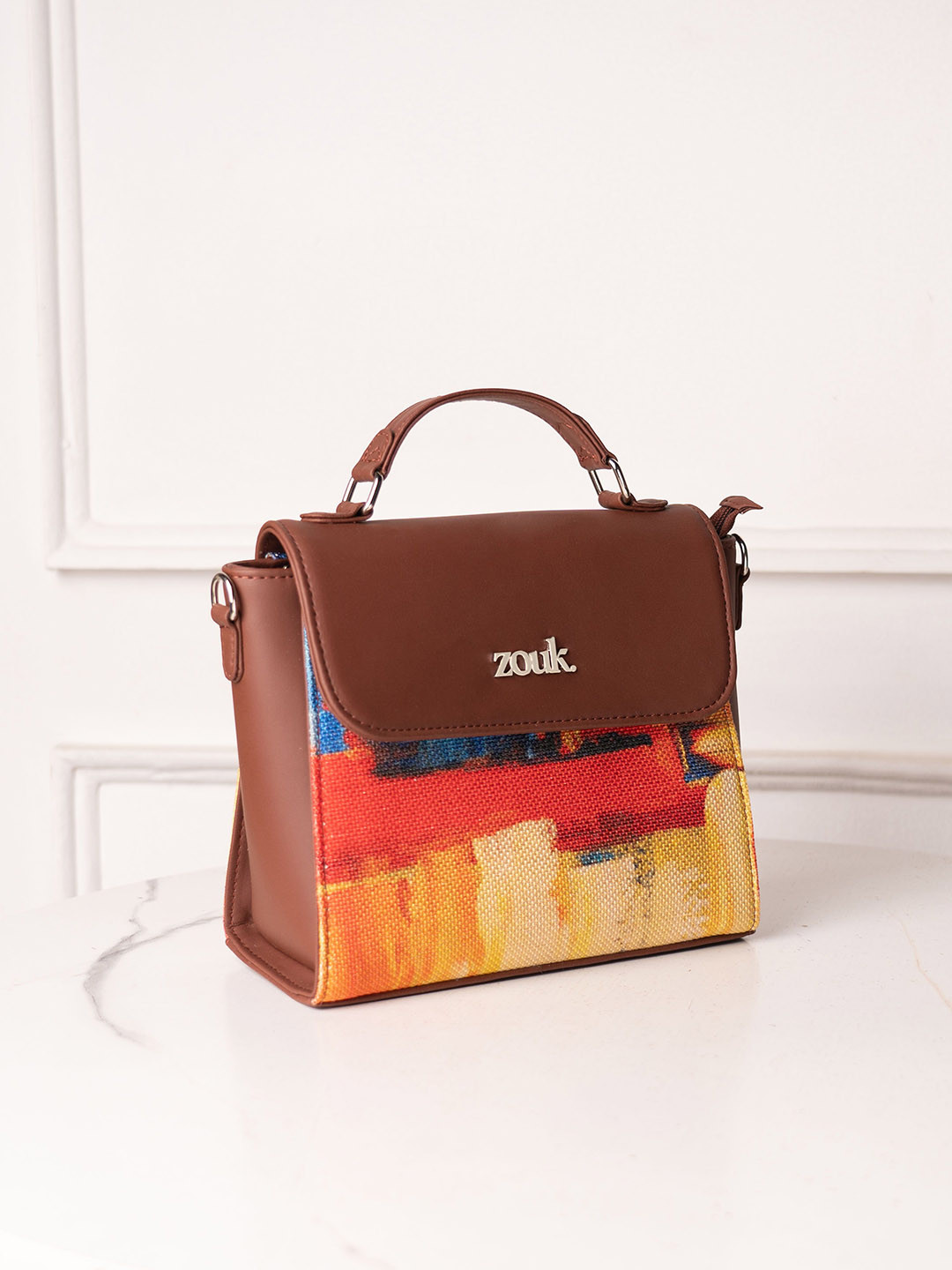 

ZOUK Abstract Printed Structured Sling Bag, Brown