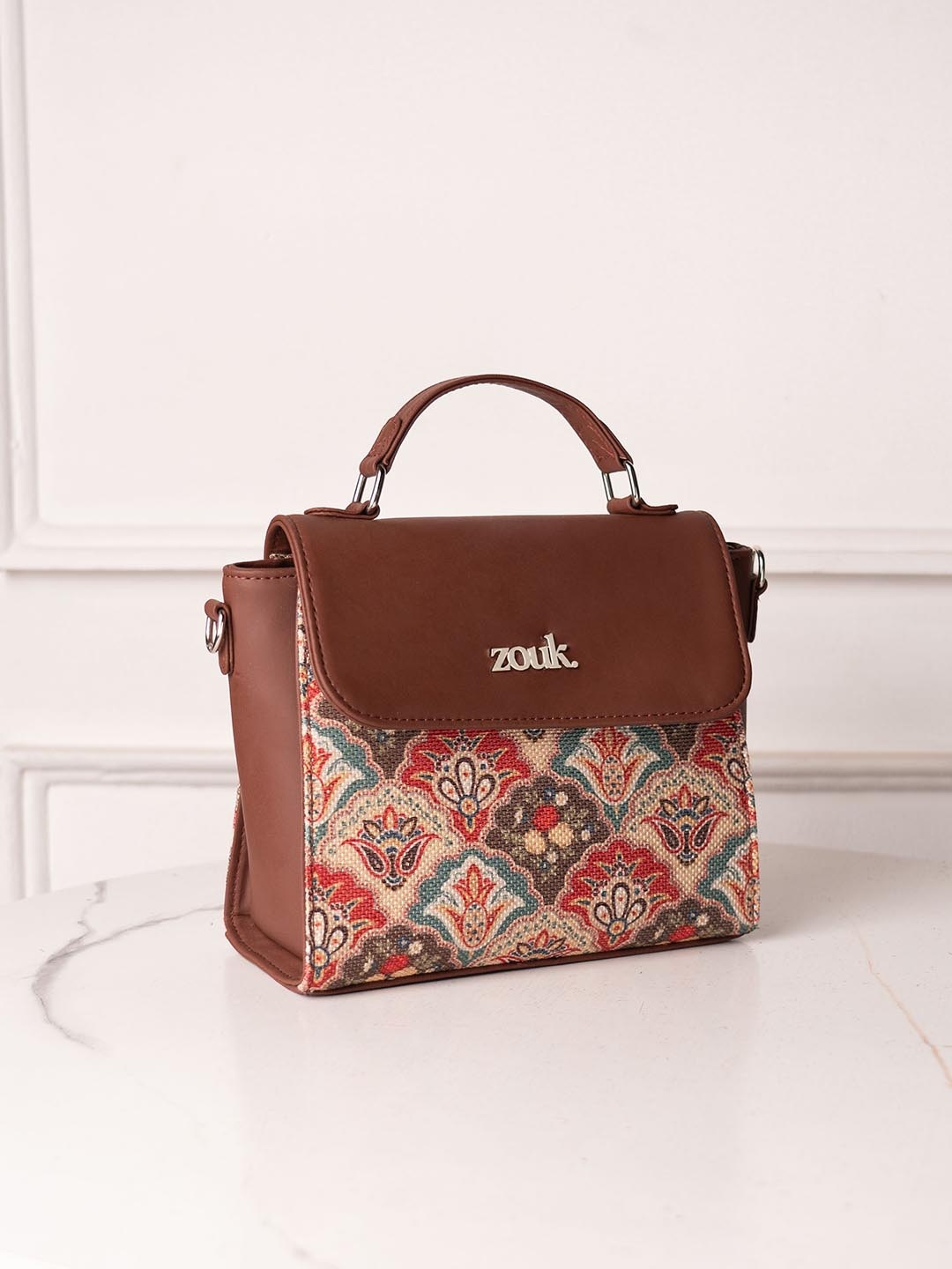 

ZOUK Mughal Art Ethnic Motifs Printed Structured Handheld Bag, Red