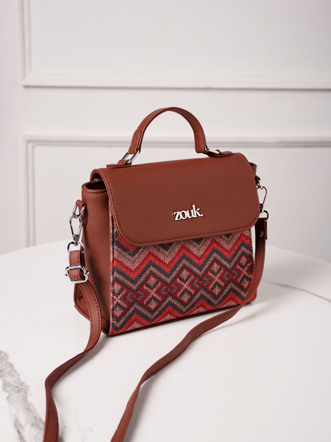 

ZOUK Geometric Printed Structured Sling Bag, Brown