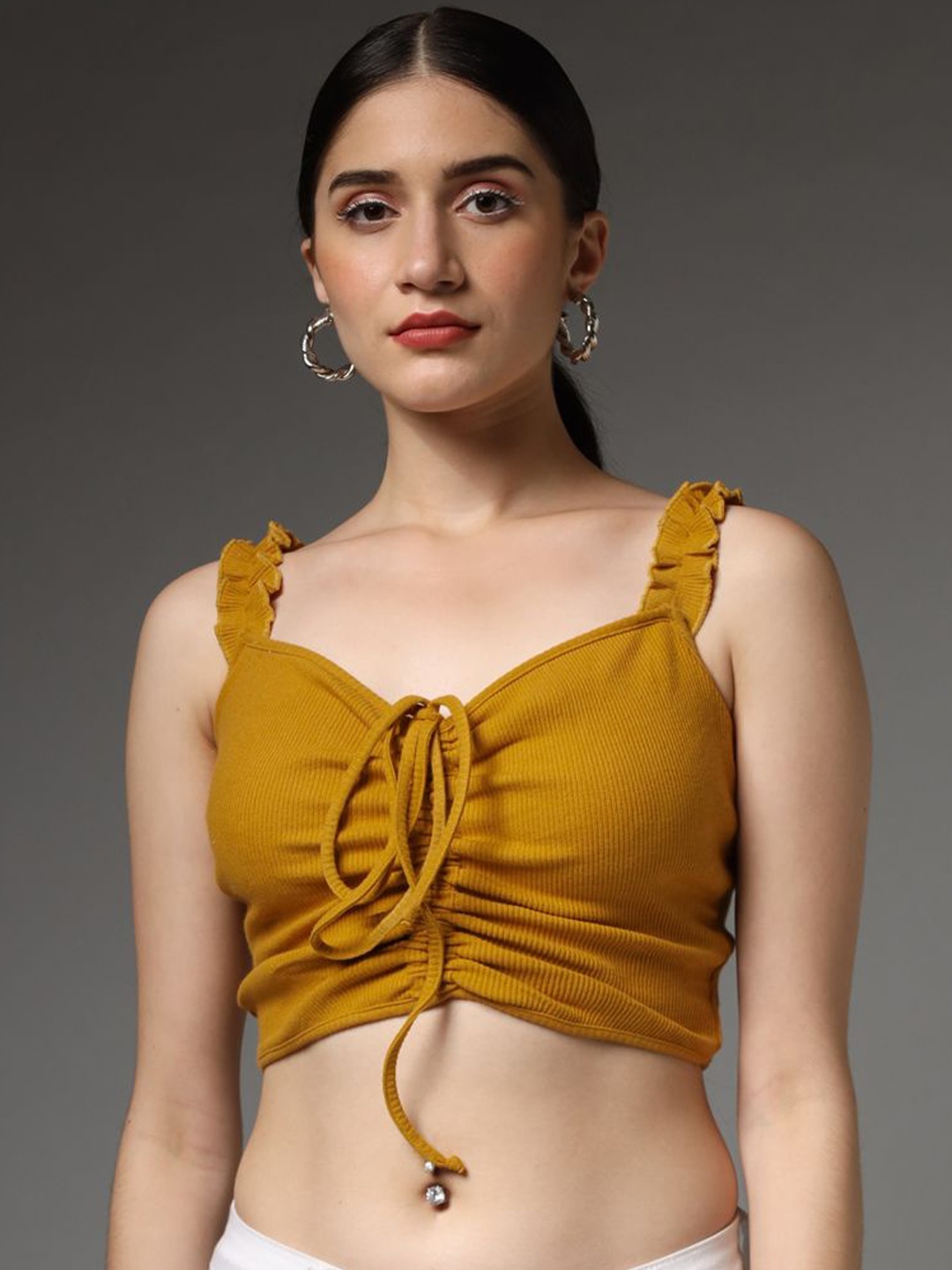 

TANDUL Solid Shoulder Straps Ruched Bralette Crop Top, Yellow