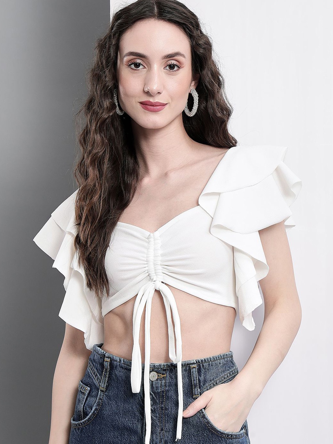 

TANDUL Fitted Flutter Sleeve Sweetheart Neck Crop Top, White