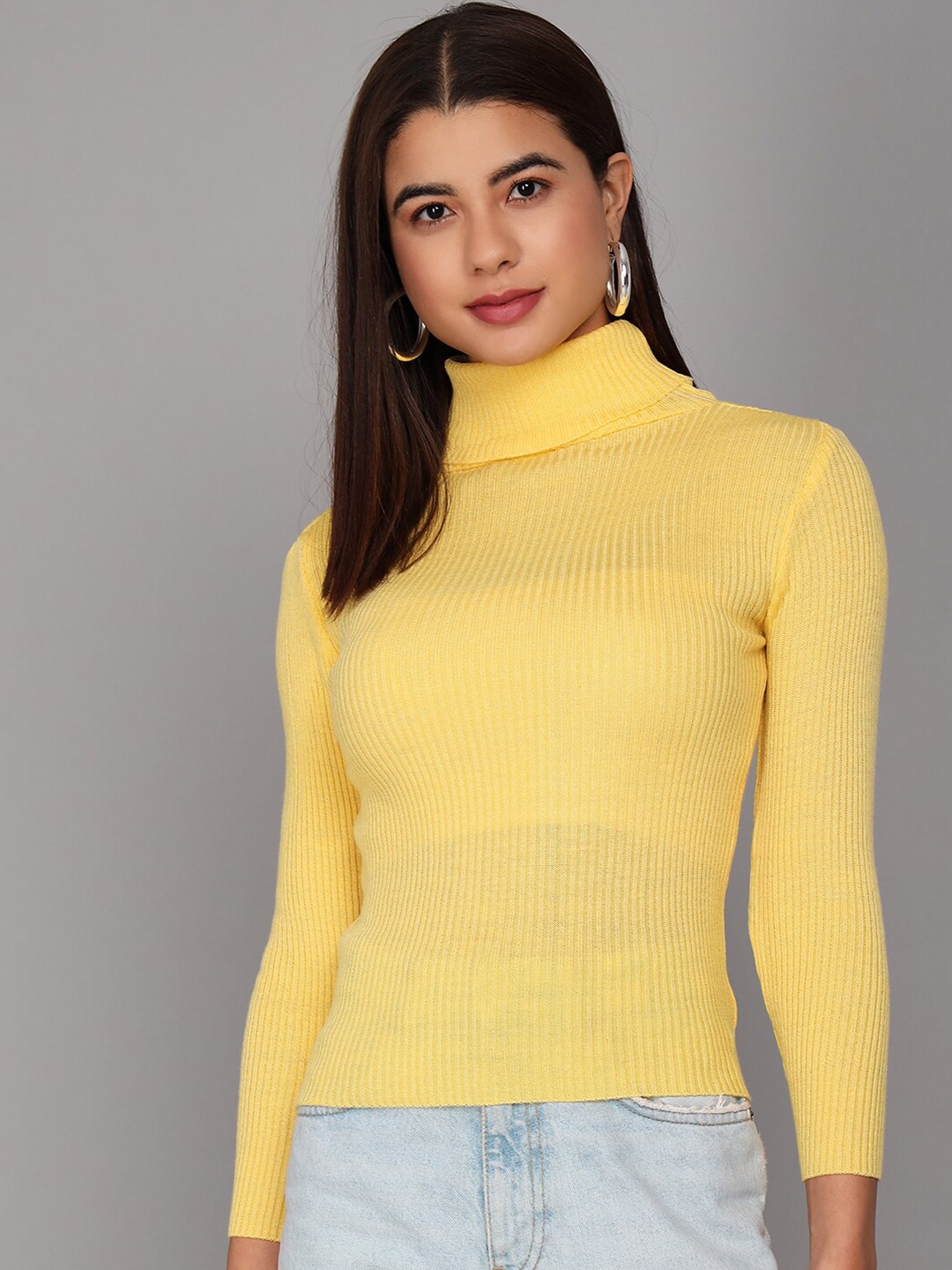 

TANDUL Turtle Neck Long Sleeves Pullover Sweater, Yellow