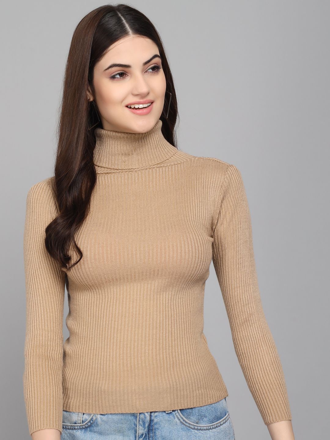 

TANDUL Turtle Neck Long Sleeves Pullover Sweater, Beige