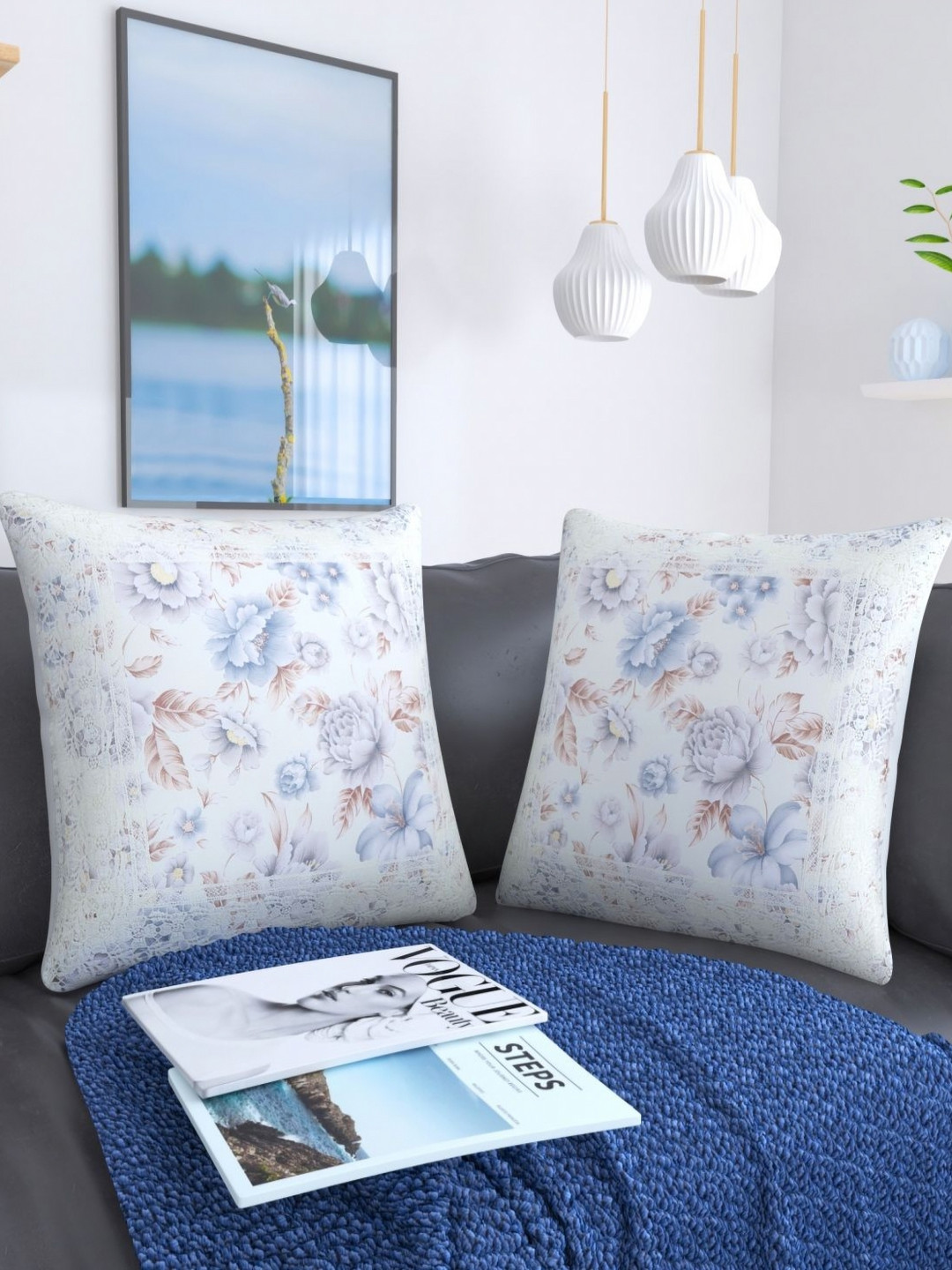 

TANLOOMS Purple & White 2 Pieces Floral Printed Square Cushion Covers