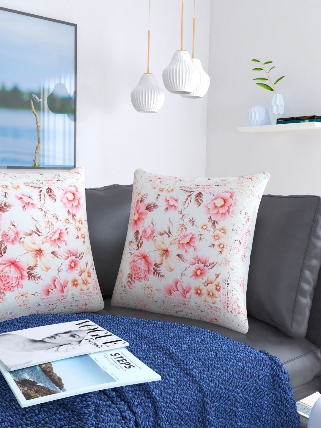 

TANLOOMS Pink & White 2 Pieces Floral Square Cushion Covers