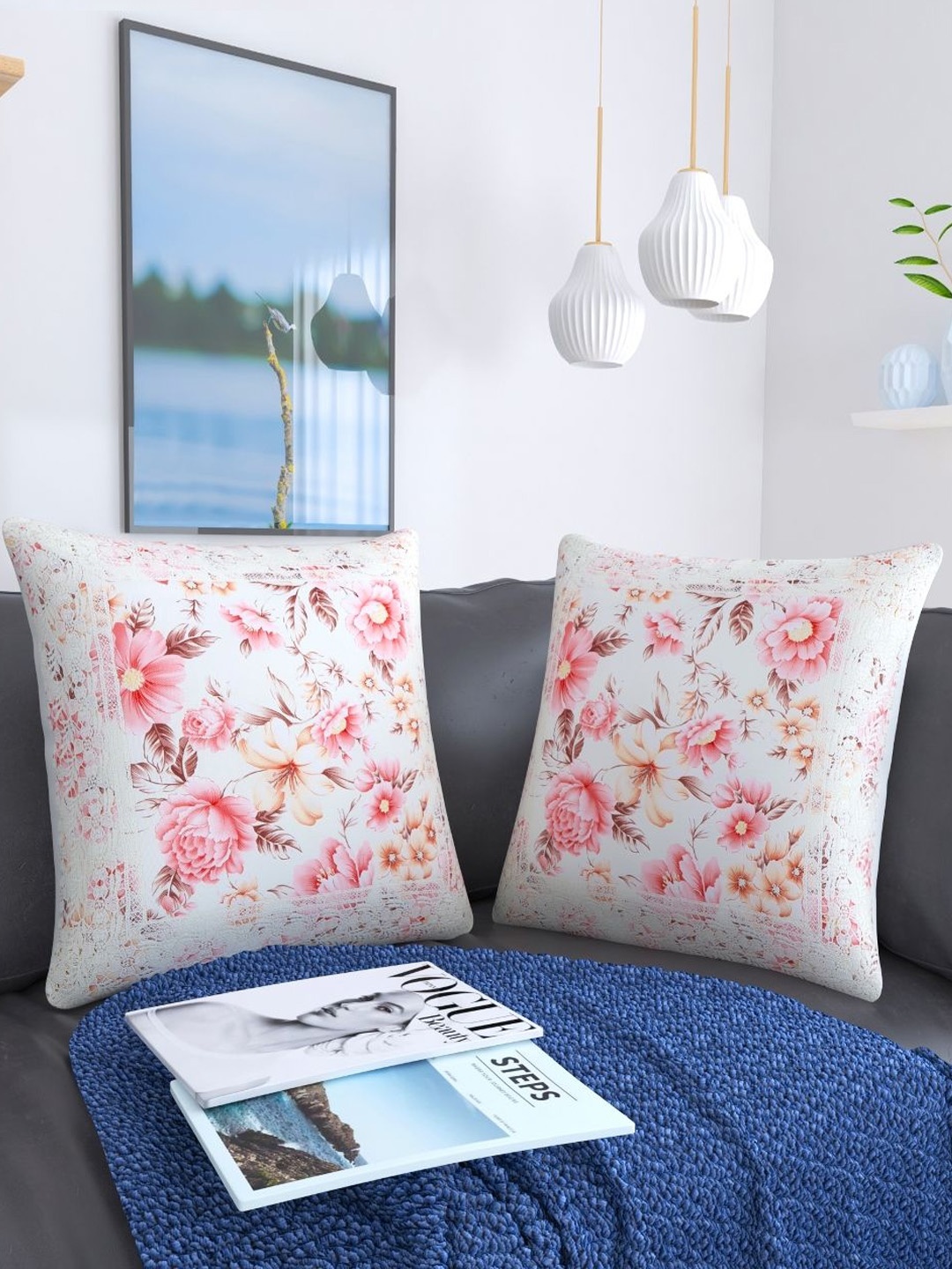 

TANLOOMS Pink & White 2 Pieces Floral Printed Square Cushion Covers