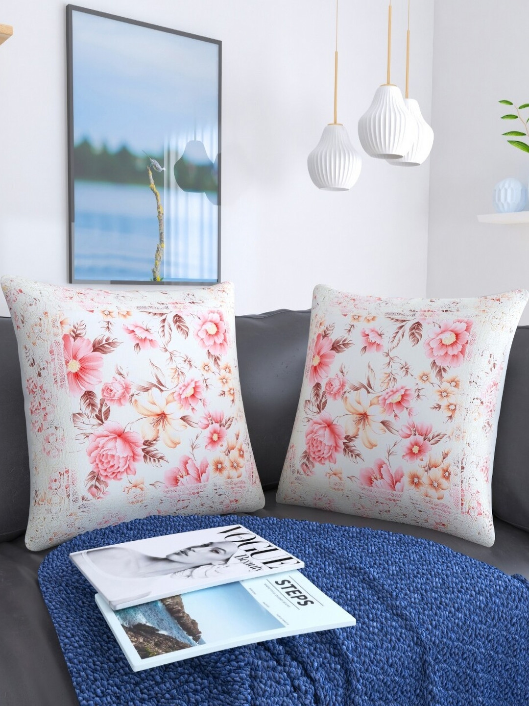 

TANLOOMS Pink & White Floral Square Cushion Cover