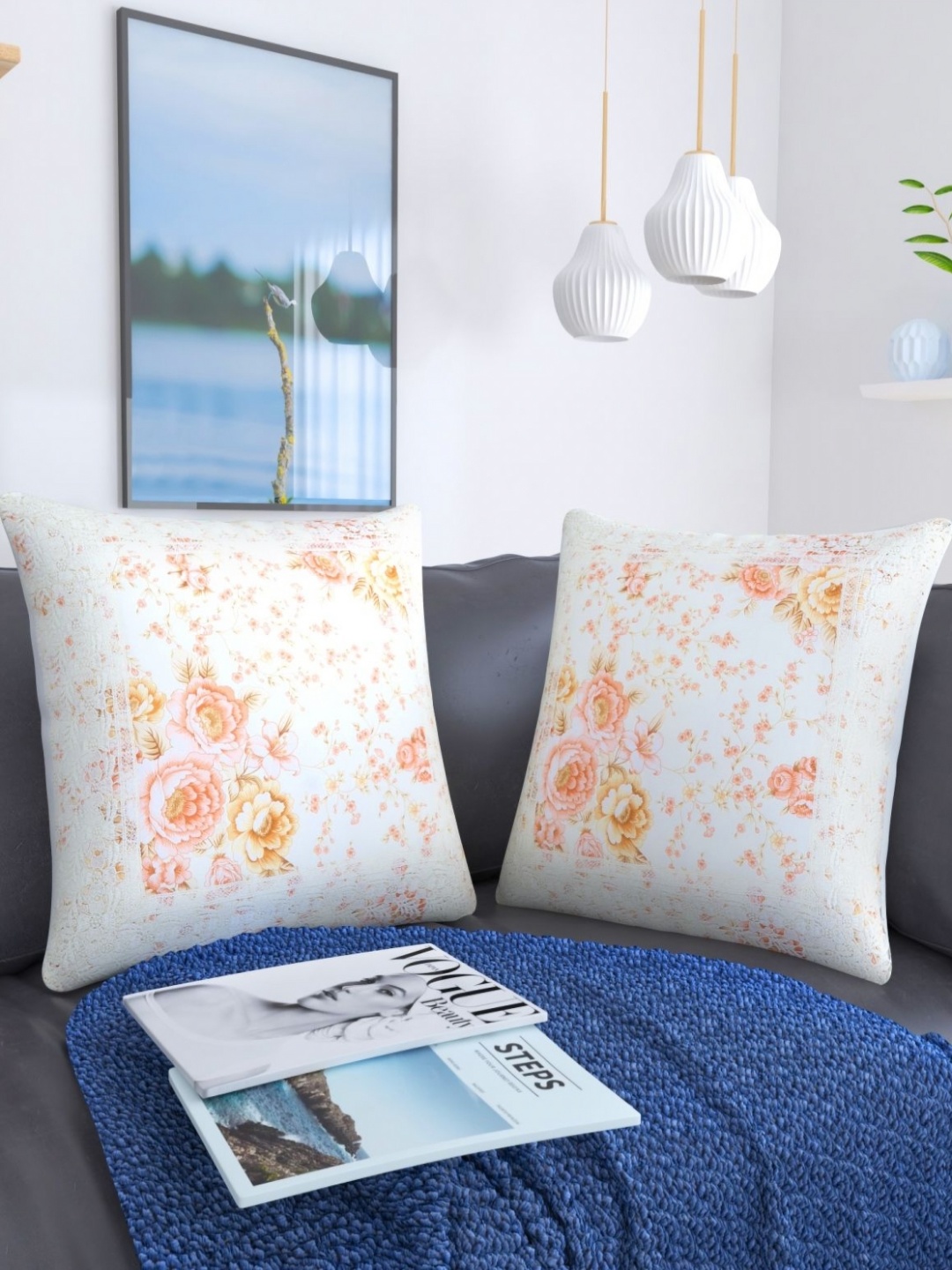 

TANLOOMS Peach & White 2 Pieces Floral Printed Square Cushion Covers