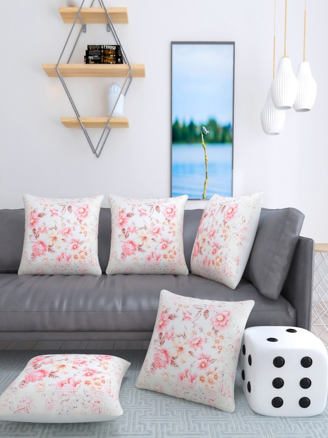 

TANLOOMS Pink & White 5 Pieces Floral Printed Square Cushion Covers