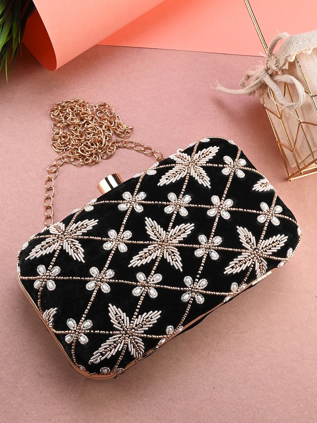 

Anouk Embroidered Velvet Box Clutch, Black