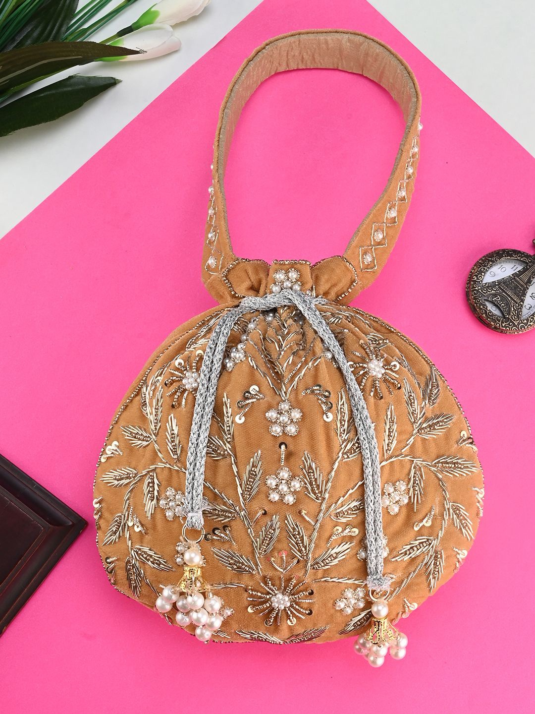 

Anouk Beige Embroidered Potli Clutch