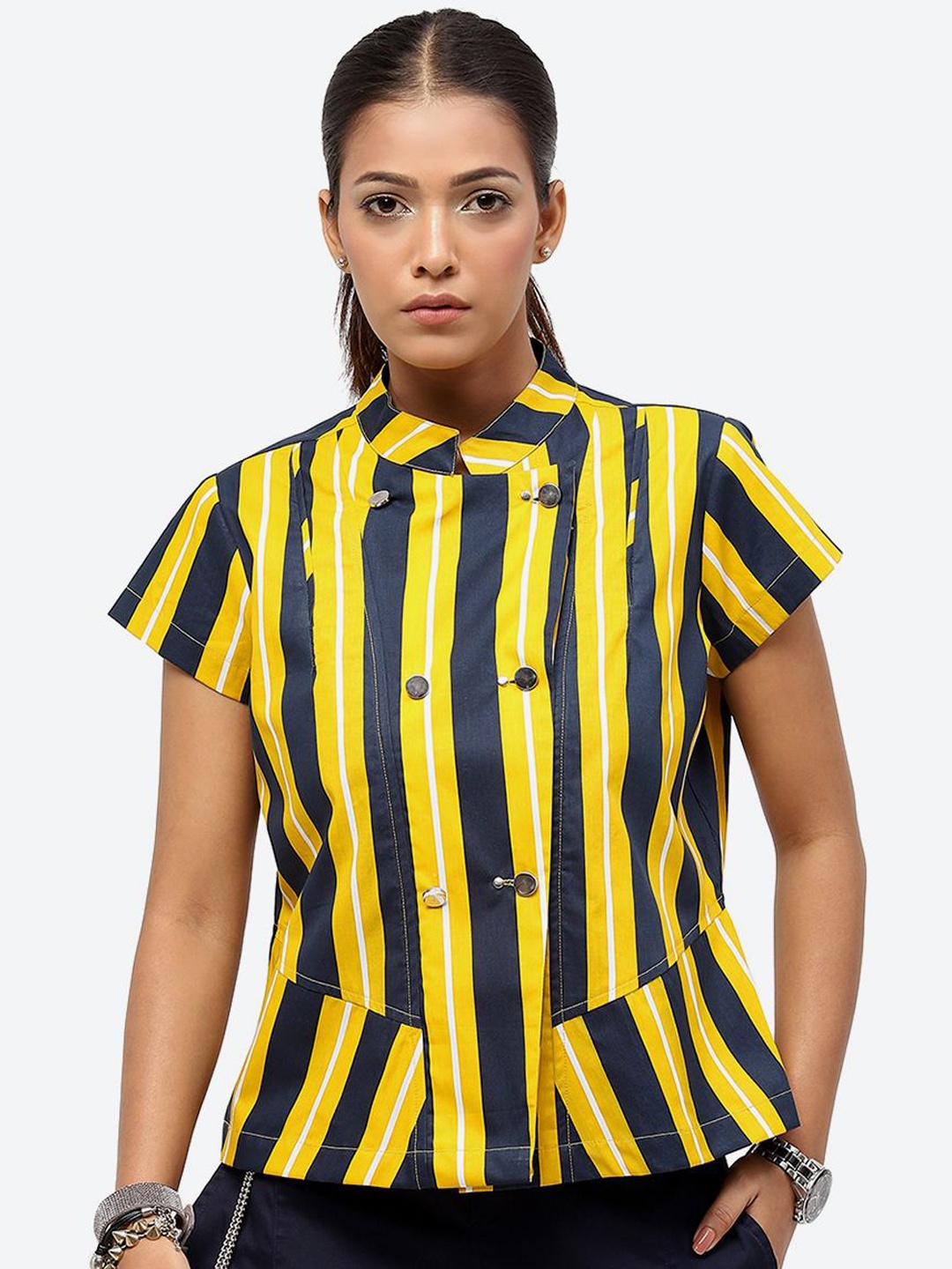 

Baawri Striped Pure Cotton Crop Tailored Jacket, Yellow