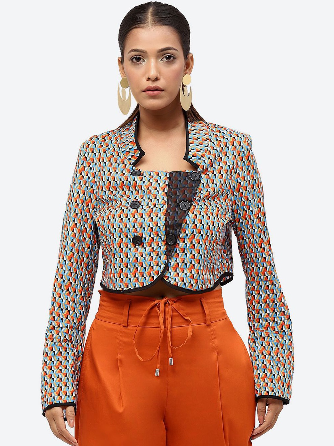 

Baawri Geometric Pure Cotton Crop Tailored Jacket, Orange
