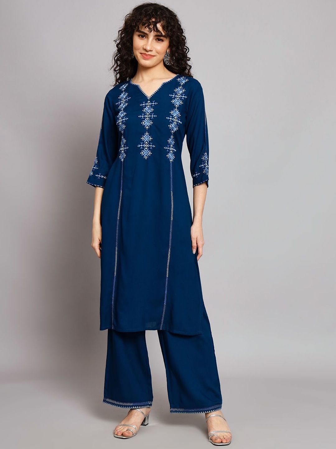 

ANGITA Ethnic Motifs Embroidered Thread Work Kurta with Palazzos, Blue