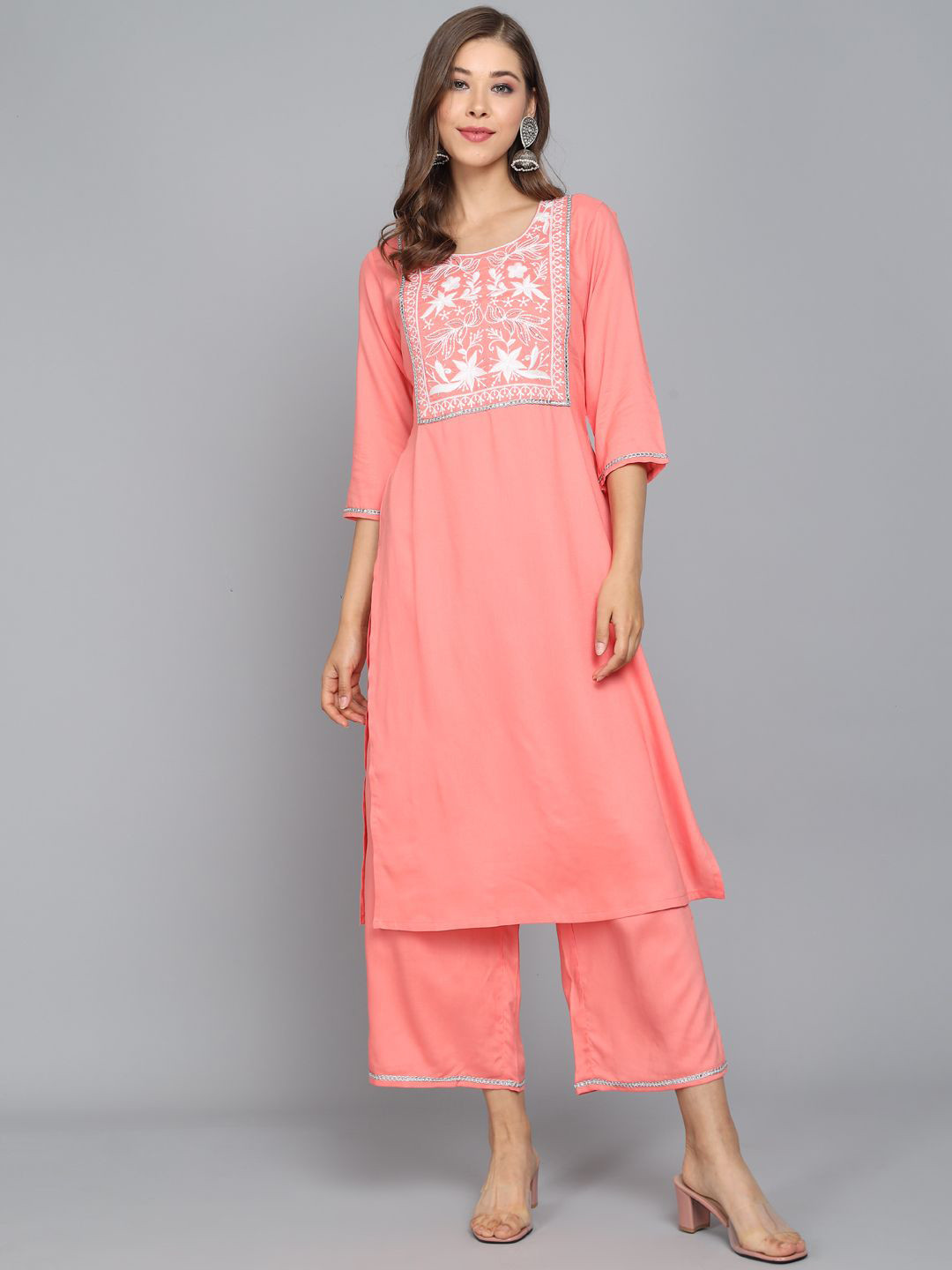 

ANGITA Ethnic Motifs Embroidered round Neck Thread Work Kurta with Palazzos, Pink