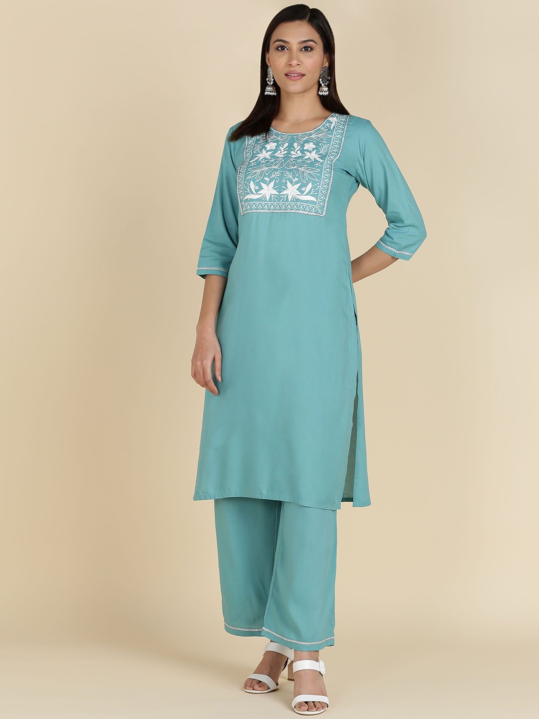 

ANGITA Ethnic Motifs Embroidered Round Neck Thread Work Kurta with Palazzos, Blue
