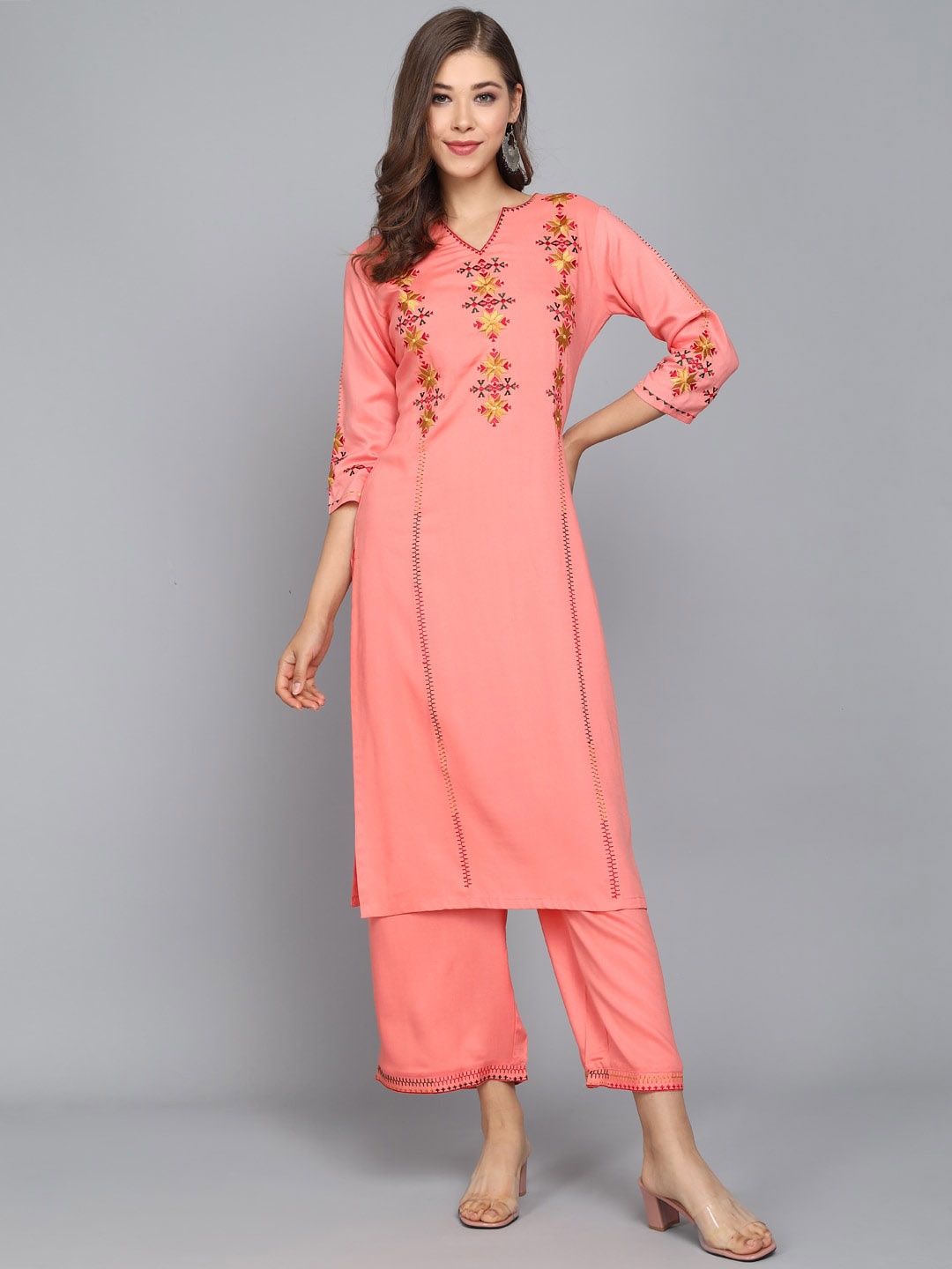

ANGITA Floral Embroidered Thread Work Kurta with Palazzos, Pink