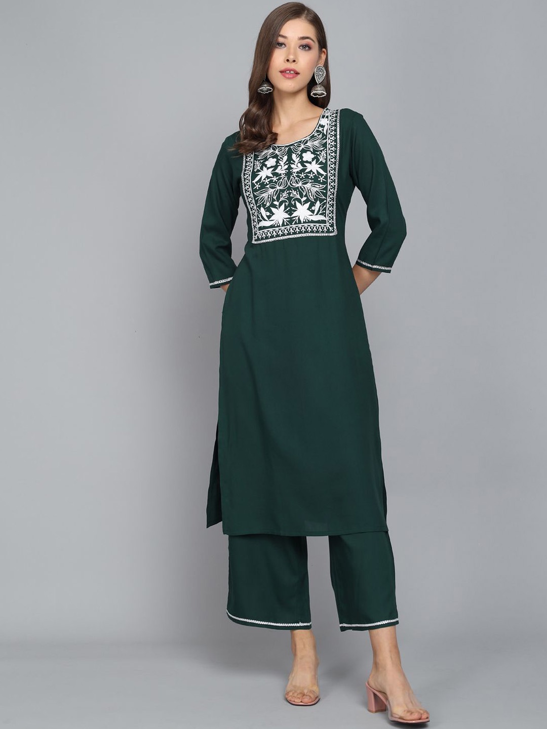 

ANGITA Ethnic Motifs Embroidered Thread Work Yoke Design Straight Kurta with Palazzos, Green