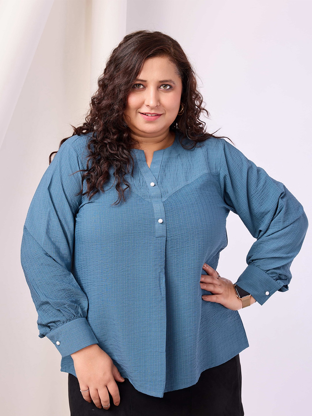 

RACHNA Mandarin Collar Shirt Style Top, Blue