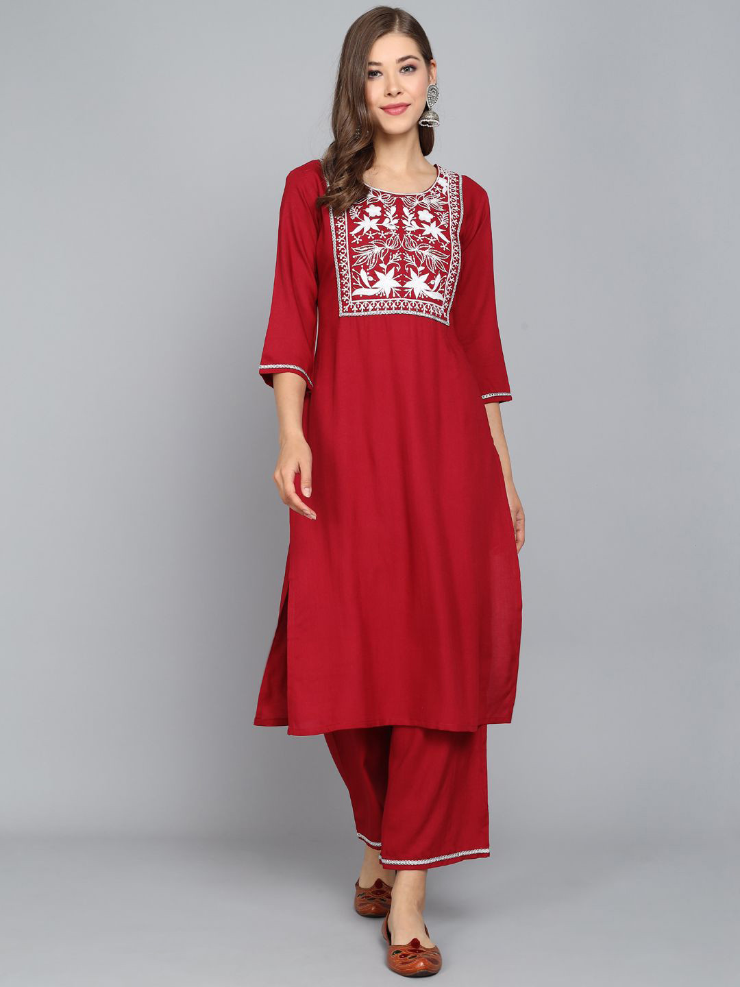 

ANGITA Ethnic Motifs Embroidered Round Neck Thread Work Kurta with Palazzos, Maroon