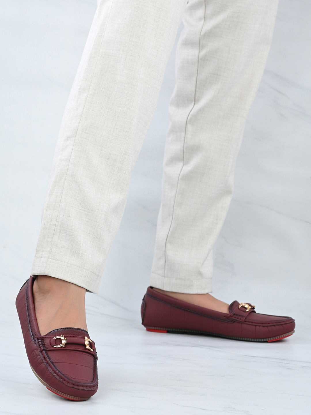 

Mast & Harbour Textured Buckle Detailed Loafers, Maroon