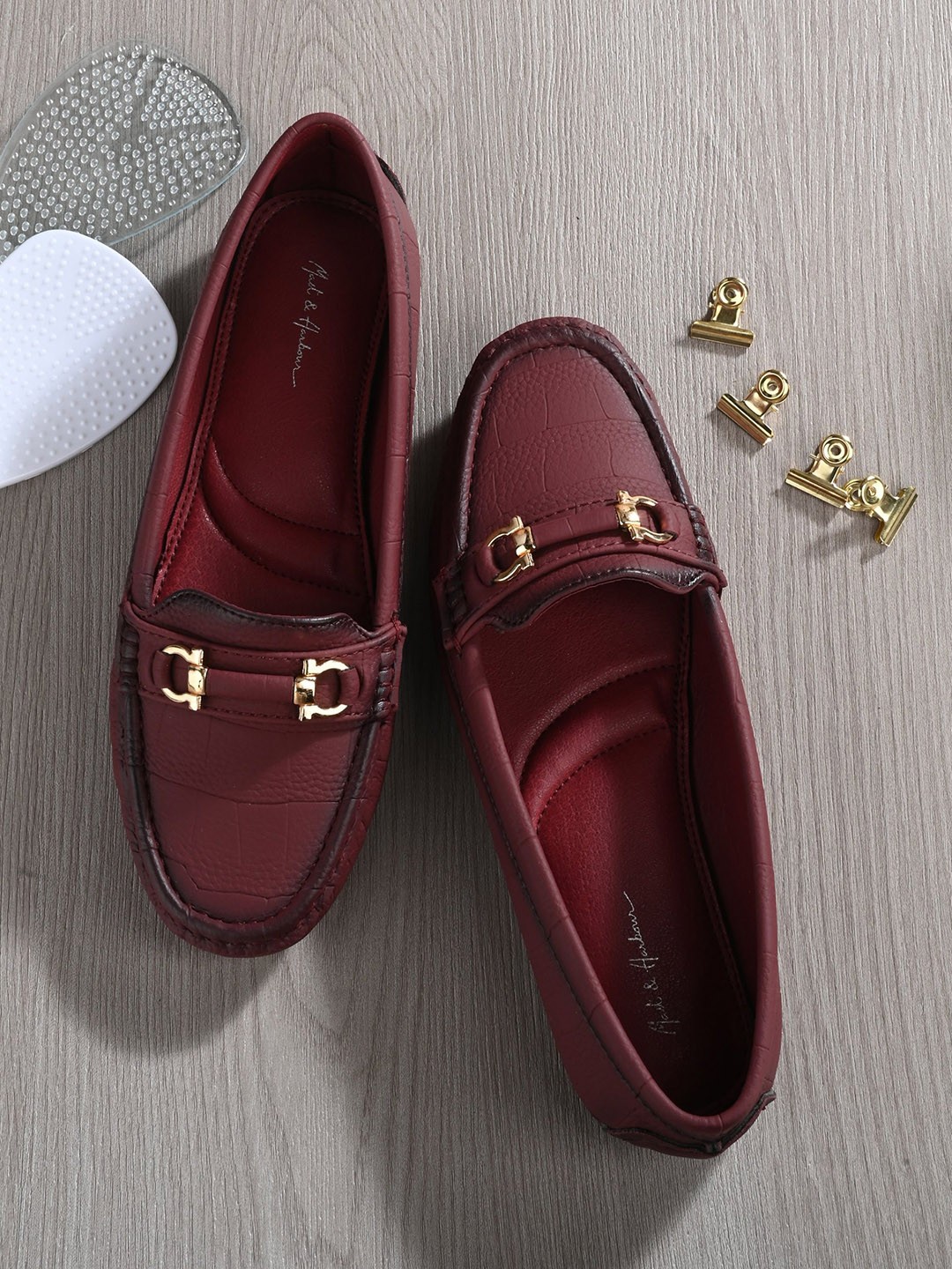 

Mast & Harbour Textured Buckle Detailed Loafers, Maroon