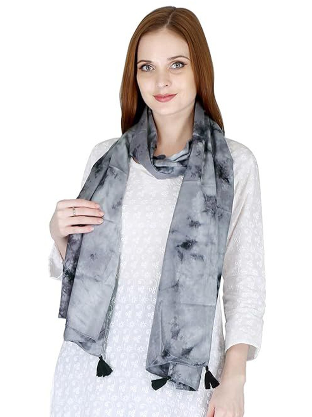 

SWITCHON Tie And Dye Tasselled Border Stole, Grey