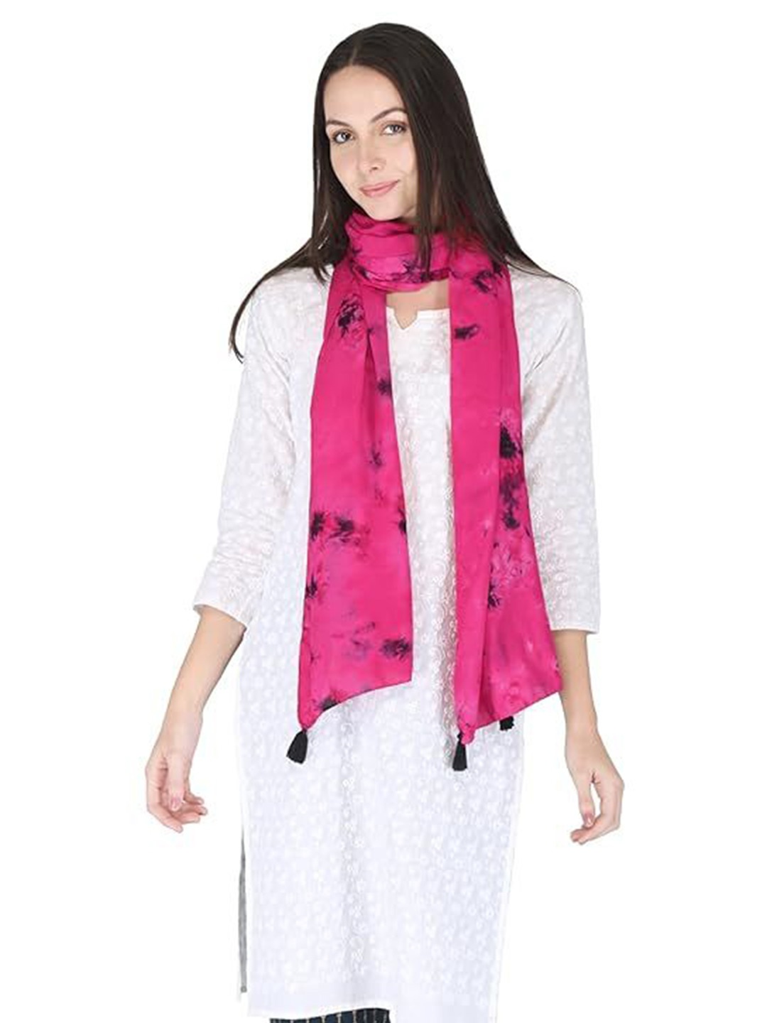 

SWITCHON Tie And Dye Tasselled Border Stole, Pink