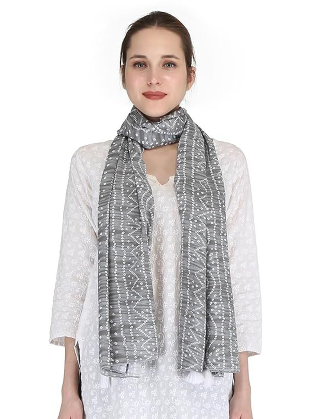 

SWITCHON Bandhani Printed Tasselled Border Cotton Stole, Grey