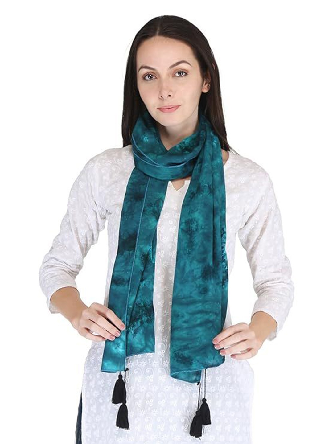 

SWITCHON Women Tie And Dye Printed Tasselled Border Stole, Green